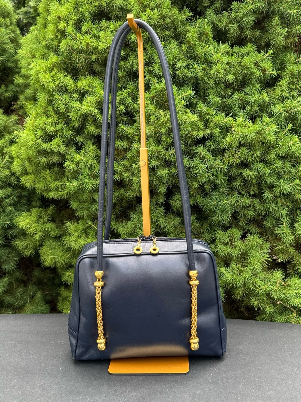 Paloma Picasso Vintage 80s-90s Navy Leather Shoulder Bag with Gold Chain Accents